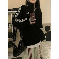 批发美式复古立领条纹<b class='q'>运动</b>卫衣女秋冬加绒加厚oversize高街情侣装<b class='q'>上衣</b>