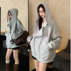批发双拉链廓形<b class='q'>开衫</b><b class='q'>卫衣</b>外套女秋冬薄款慵懒风美式复古潮牌上衣连帽潮