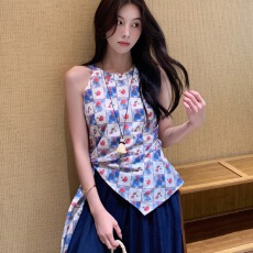 批发设计感碎花格纹挂脖背心女夏季绑带无袖上衣