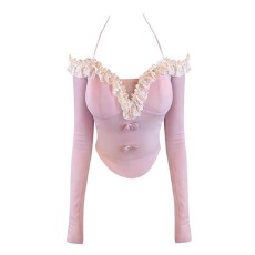 批发官图 随心裁<b class='q'>莫代尔</b>260克1*1 纯欲蝴蝶结蕾丝一字领长袖T恤女