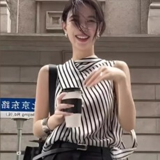 批发官图实价 法式轻奢高级感无袖条纹<b class='q'>衬衫</b>女夏新款气质飘带<b class='q'>显瘦</b>上衣