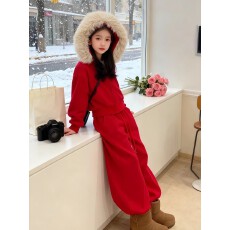 女童冬季冬装套装2025红色新款毛领中大童休闲加绒加厚两件套
