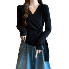 批发法式荷叶边V领打底衫遮肚<b class='q'>大码</b><b class='q'>女装</b>秋季新款胖mm打底衫喇叭袖上衣