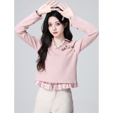 批发格子拼接粉色翻领长袖T恤秋冬2025新款<b class='q'>大码</b><b class='q'>女装</b>胖mm短款小衫上衣