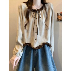 批发秋装2025新款爆款法式小资撞色木耳边<b class='q'>衬衫</b>女<b class='q'>衬衣</b><b class='q'>长袖</b>短款上衣春秋