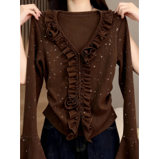 批发2026大码春秋新品咖色荷叶<b class='q'>长袖</b>上衣设计感显洋气打底保暖衫穿搭