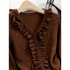 批发2026大码春秋新品咖色荷叶<b class='q'>长袖</b>上衣设计感显洋气打底保暖衫穿搭