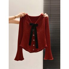 批发时尚拼接蝴蝶结设计<b class='q'>长袖</b><b class='q'>T</b><b class='q'>恤</b>女秋冬新款V领短款修身显瘦打底上衣潮