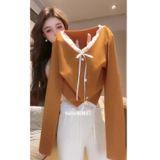 批发2026别致蝴蝶结性感系带罗纹德绒秋冬季气质开叉修身显瘦上衣女