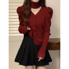 批发大码遮肚子小众镂空泡泡袖打底衫女春秋冬胖妹妹红色显瘦德绒衫