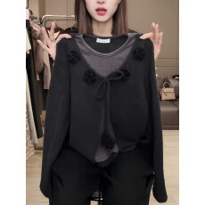 批发2026韩式立体<b class='q'>花朵</b>系带假两件长袖<b class='q'>T</b><b class='q'>恤</b>春秋款韩版打底大码MM上衣