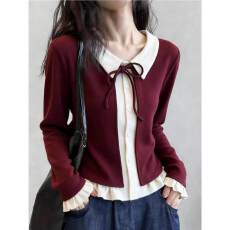 2026春装新款爆款系带假两件t恤女巨好看设计感短款长袖红色上衣