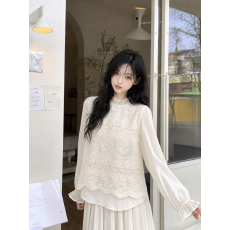 批发高端秋季新款洋气时尚假两件网纱<b class='q'>立领</b>蕾丝小衫气质长袖<b class='q'>衬衫女</b>