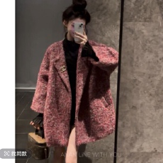 批发雷雷秋冬新款可拆卸格纹领<b class='q'>中长款</b>系带双面羊毛大衣