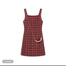 批发【圣诞下午茶】秋冬羊毛气质格纹方领A字显瘦<b class='q'>背心</b>连衣裙