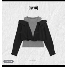 天赋2673春季新款假两件百搭背心露肩拼接拉链衬衫