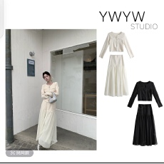 批发【YWYW26S/S】纯色小香风修身开衫+高腰捏褶A字长裙套装6665