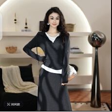 批发早春撞色卫衣<b class='q'>连衣裙</b>韩系时尚百搭套装裙气质长袖连帽修身半身裙