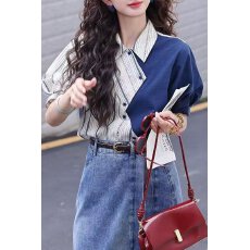 批发陈大器【苍蓝映雪】复古港风条纹夏季衬衫百搭宽松上衣