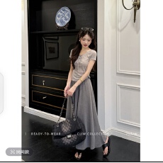 批发菜菜【灰调午后】小个子灰色短袖套装裙显瘦显高<b class='q'>休闲</b>两件套长裙夏