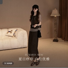 批发DY【商场同款新品】白鹿语时尚圆领拼纱上衣半身裙套装