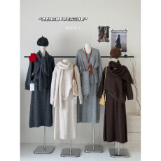 2025秋冬新款休闲百搭软糯针织套装女慵懒风围巾上衣半身裙三件套