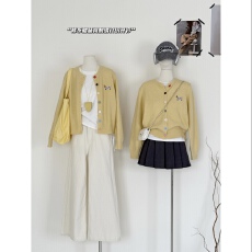 批发曾小咸韩系黄色刺绣毛衣<b class='q'>外套</b>女秋冬宽松毛织针织开衫上衣秋季<b class='q'>秋装</b>