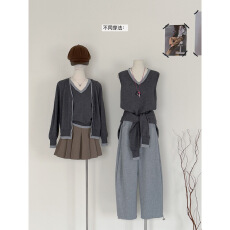 批发针织马甲背心V领开衫两件套女学院风灰色系假两件拼色针织<b class='q'>套装</b>