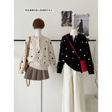 批发韩国东大门爱心麻花毛衣女秋冬长袖宽松复古百搭设计感针织衫上衣