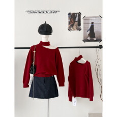 批发设计感挂脖斜肩红色长袖针织衫女秋<b class='q'>冬</b>宽松内搭打底衫毛衣露肩上衣