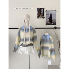 批发渐变色翻领毛衣女秋<b class='q'>冬</b>季加厚慵懒风时尚洋气针织衫宽松polo衫上衣