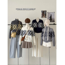 批发法式翻领几何<b class='q'>毛衣</b>开衫女2025新款秋冬季慵懒风外搭高级感针织外套