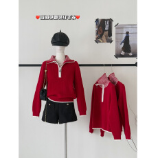 批发圣诞红撞色条纹翻领半拉链针织衫女2025冬季新款软糯宽松显瘦上衣