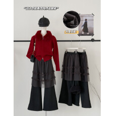 2025冬季新款慵懒风宽松百搭高腰拼接网纱假两件直筒裤休闲裤女潮