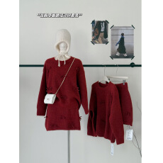 批发红色蝴蝶结毛衣套装女2025新款冬季加厚宽松慵懒针织半身裙两件套