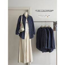 批发复古深蓝格子衬衫长袖女2026春夏高级感宽松休闲穿搭外套防晒上衣