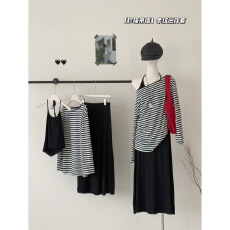 批发NanaByNana珍珠来信黑白条纹长袖t恤女夏季内搭挂脖背心套装