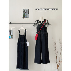 批发美式复古减龄<b class='q'>牛仔</b><b class='q'>背带裤</b>女春夏新款宽松显瘦休闲百搭阔腿连体裤子