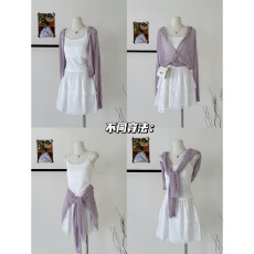 批发曾小咸韩系镂空薄款宽松罩衫连帽针织开衫+吊带+蛋糕短裙三件套女