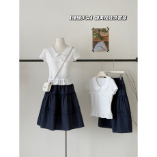 批发PtonUmi 北海情书 藏蓝色<b class='q'>蕾丝</b>拼接蛋糕半身裙女夏学院风显瘦中裙