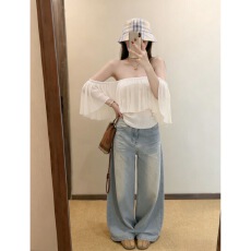 批发若语<b class='q'>定制</b> 小白花 一字肩荷叶边针织衫纯欲性感气质名媛<b class='q'>高级</b>感上衣