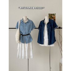 批发柠檬绿茶甜酷女孩2026夏季新韩系翻领设计感口袋短袖<b class='q'>牛仔</b>衬衫