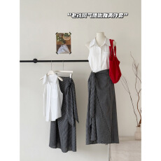 批发烟雾公子复古气质港风翻领亚麻无袖衬衫不规则<b class='q'>条纹</b>半身<b class='q'>裙</b>两件套女