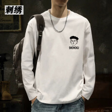 批发美式复古长袖t恤男士2025春<b class='q'>秋</b>季打底衫外贸男装全棉体恤刺绣款