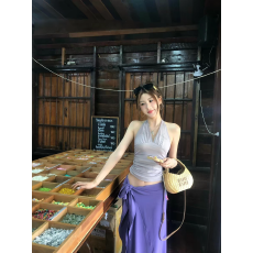 批发性感辣妹风紫色挂脖露背吊带上衣女夏季新款低腰系带包臀长裙套装