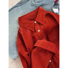 批发法式复古风桔红色灯芯绒<b class='q'>衬衫</b>女2025早春爆款气质显白长袖开衫上衣