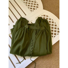 批发巨显白~复古绿高级苎麻<b class='q'>衬衫</b>女V领系带慵懒松弛防晒衣