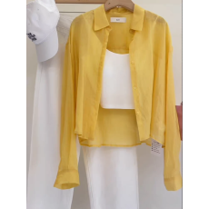 批发很显白~芒果黄气质短款天丝衬衫女韩系宽松防晒<b class='q'>小衫</b>