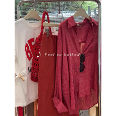 批发CHAO级推荐！超显白~韩版复古红色格子衬衫女时尚宽松轻薄防晒衣
