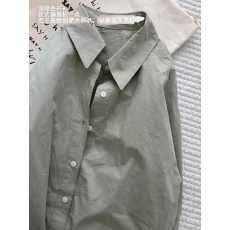 批发<b class='q'>韩国</b>全棉防晒豆绿色衬衫女翻领宽松慵懒长袖薄衬衣